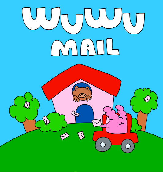 Cartoon illustration of a pink character delivering mail to a house with a blue sky background, promoting 'Wuuu Mail' service.